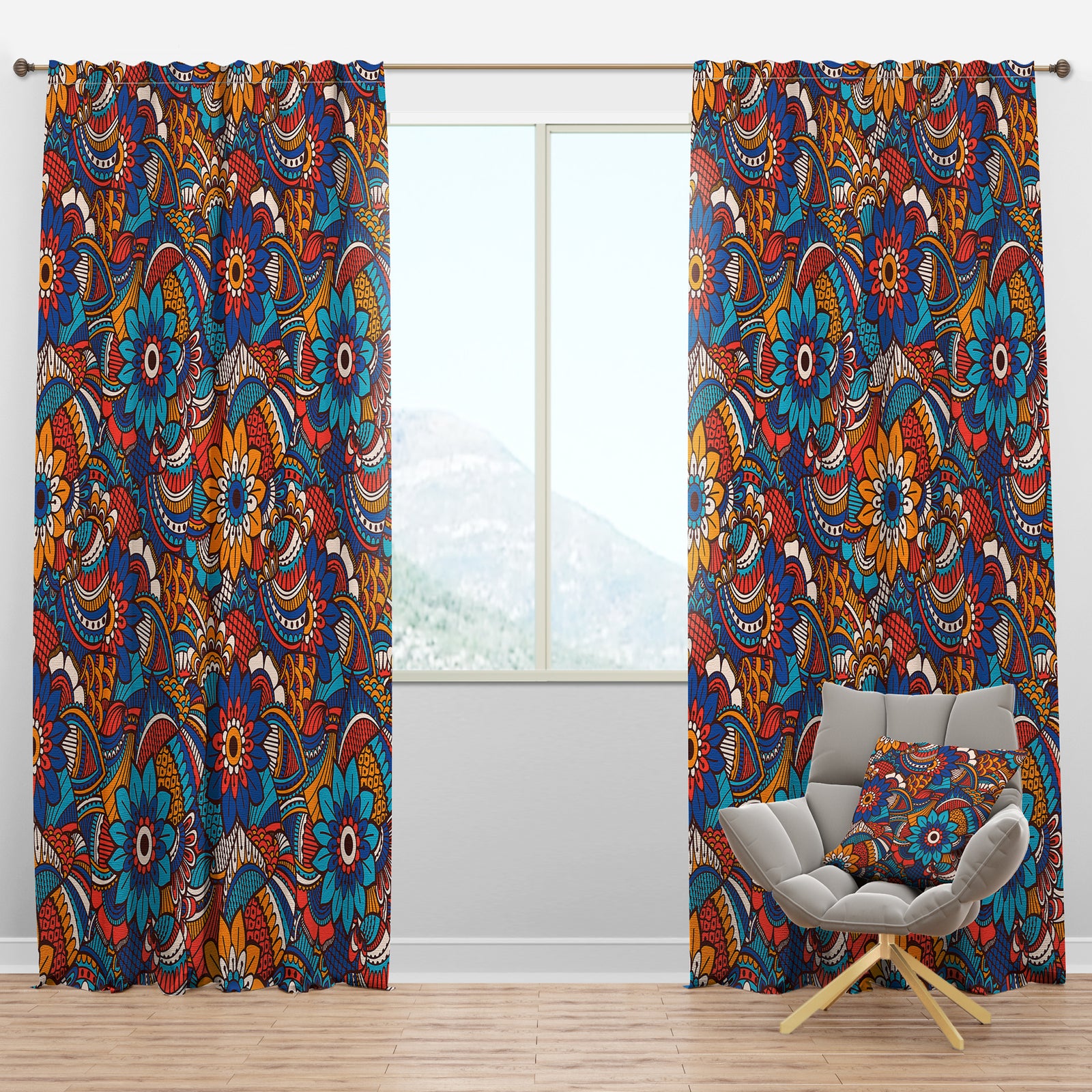 Hand Drawn Pattern with Floral Elements - Bohemian & Eclectic Curtain Panels