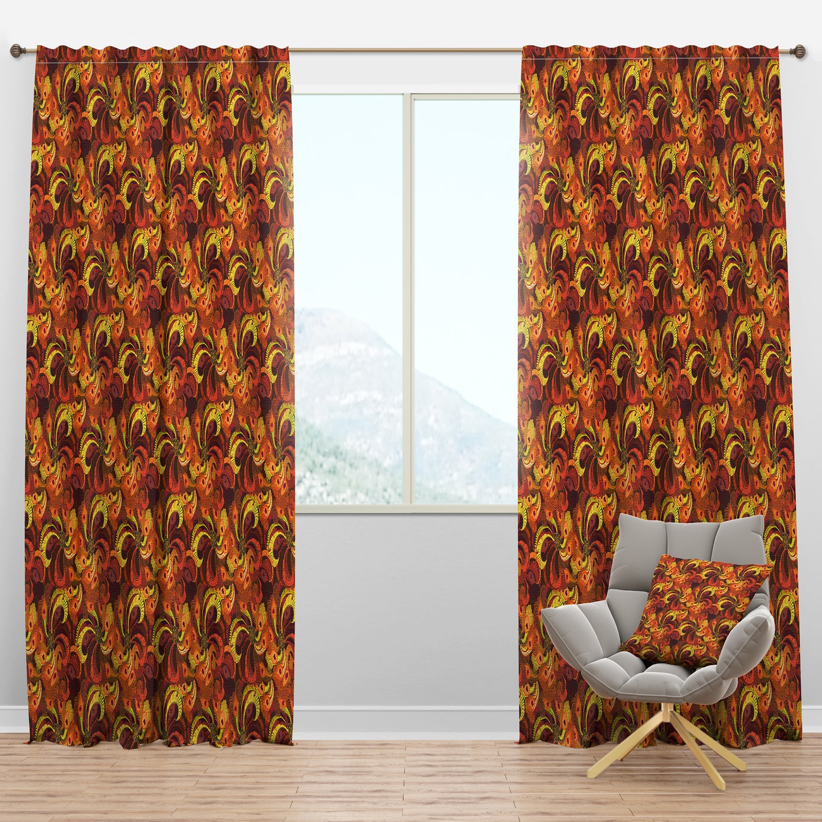 Beautiful Golden Orange & Red Peacock Feathers - Bohemian & Eclectic Curtain Panels
