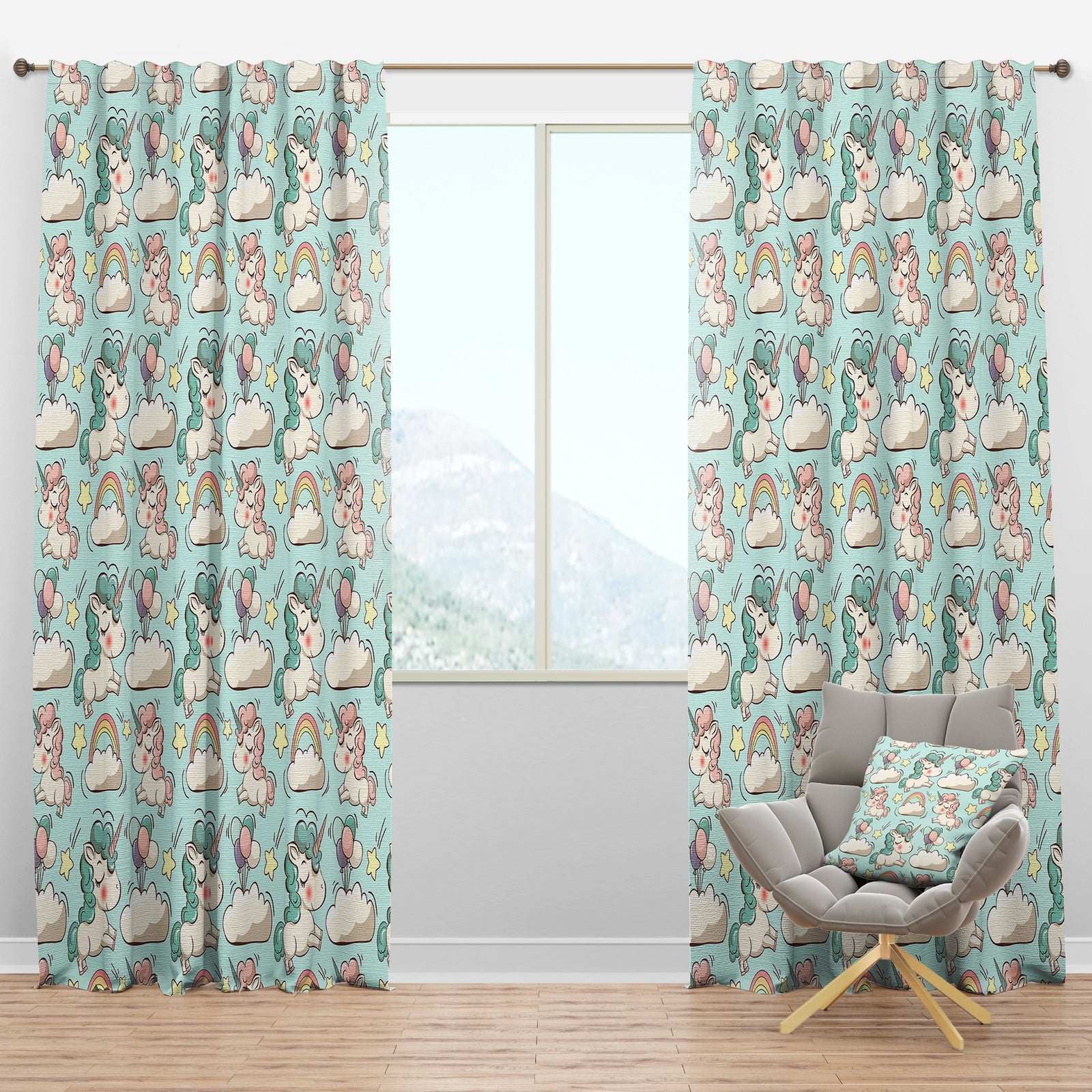 Pattern with Cute Unicorns and Clouds - Modern Curtain Panels