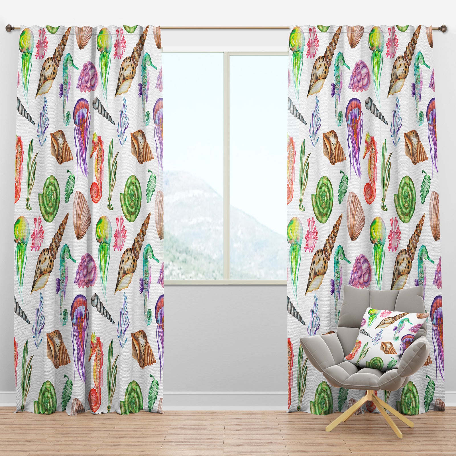 Seahorses Jellyfish Shells & Seaweed - Nautical & Coastal Curtain Panels