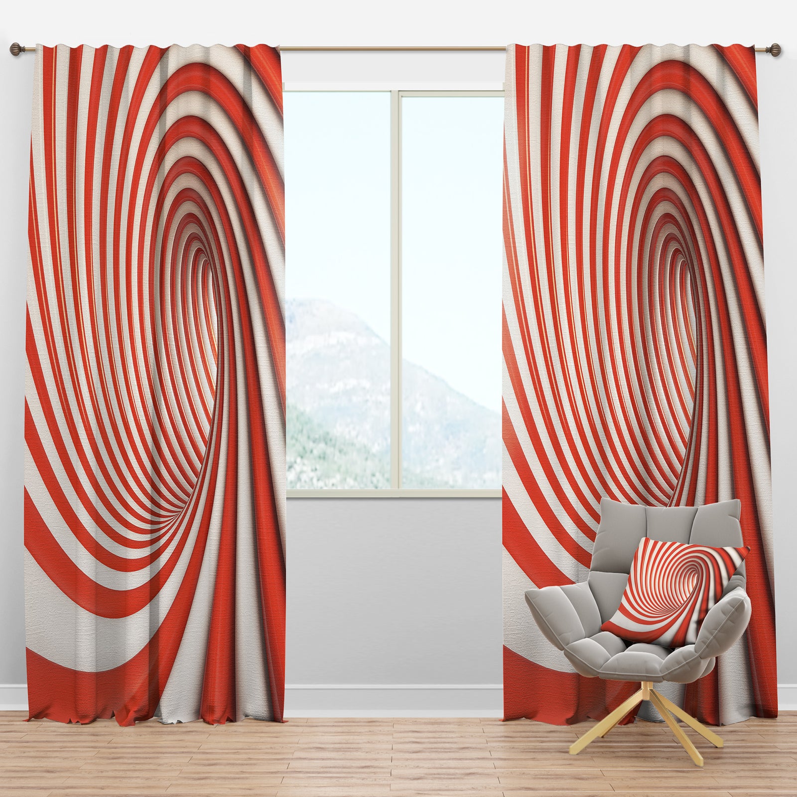 Red and White Lined Spiral - Modern & Contemporary Curtain Panels