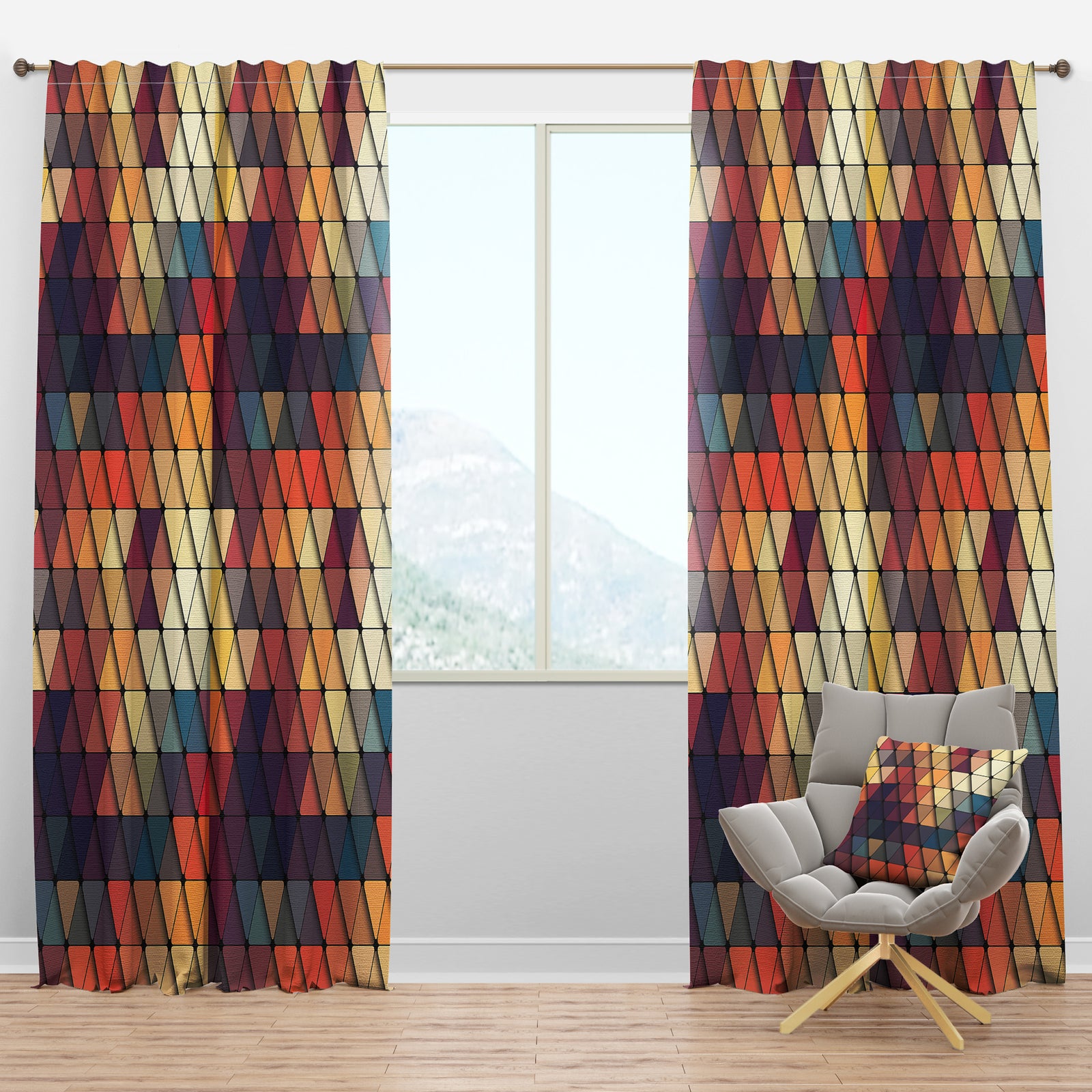 3D Diamond Shaped Geometry in Blue, Orange and Purple - Modern & Contemporary Curtain Panels
