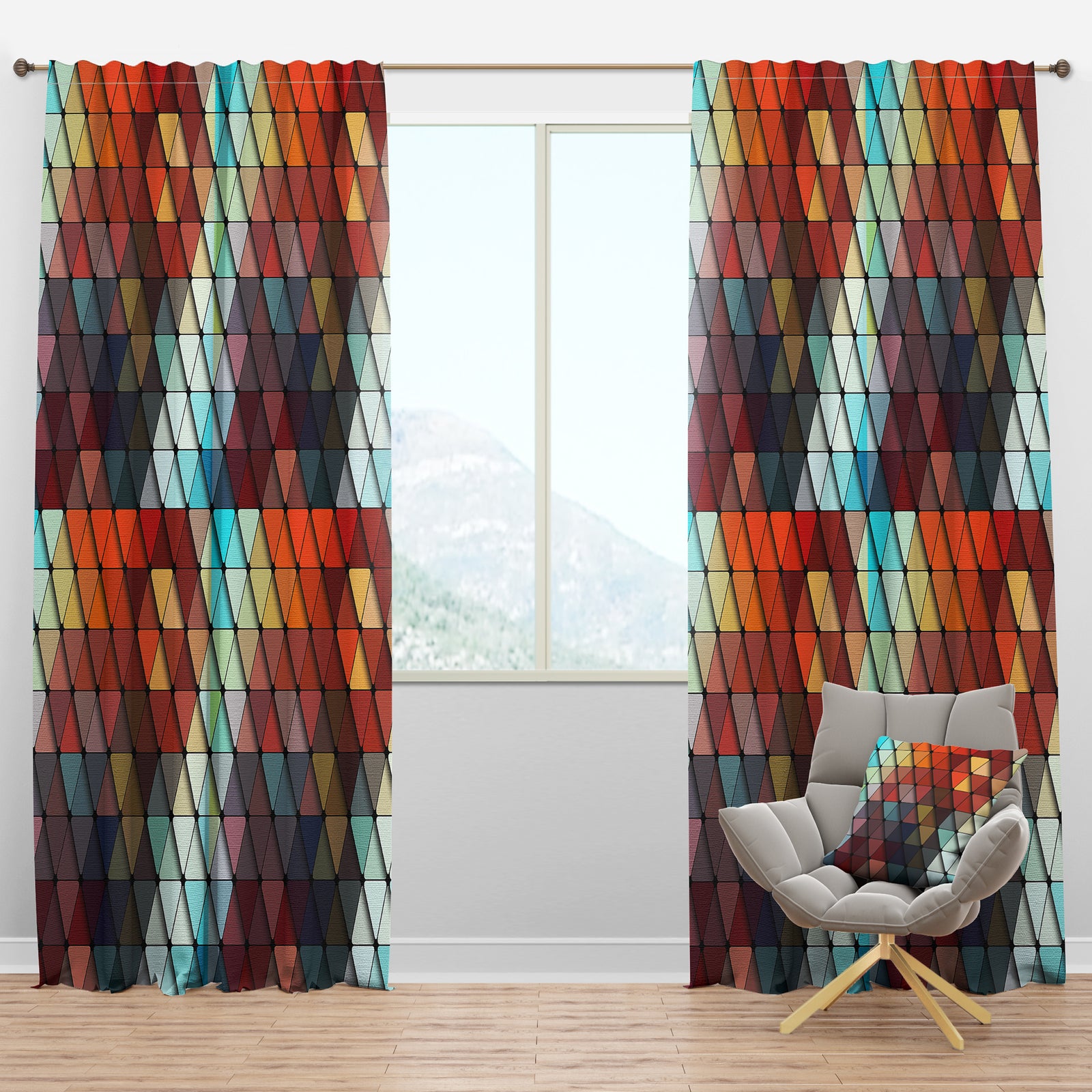 3D Diamond Shaped Geometry in Shades of Blue and Red - Modern & Contemporary Curtain Panels