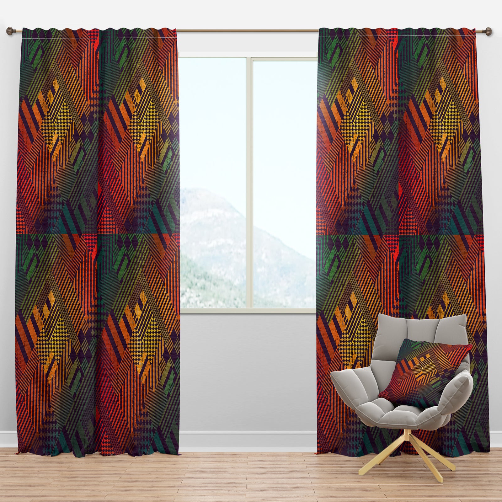 Grungy Geometric abstract in Green, Yellow and Blue - Modern & Contemporary Curtain Panels