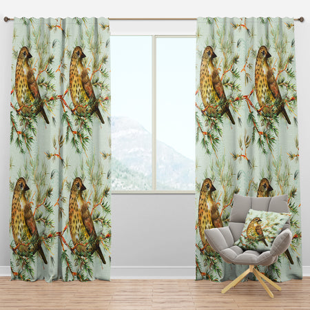 Small Cute Bird on Pine Branch - Animals Curtain Panels