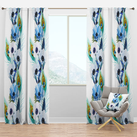 Handpainted Anemones And Peacock Feathers - Floral Curtain Panels