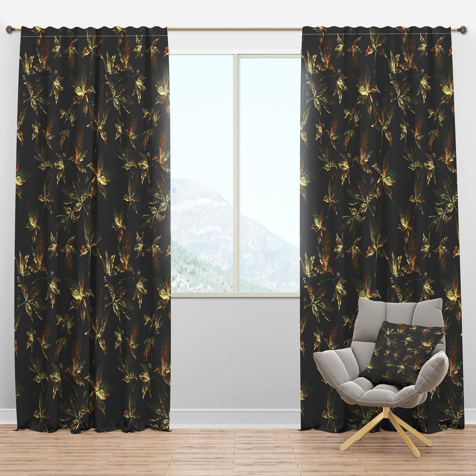 Brown and Green Autumn leaves - Traditional Curtain Panels