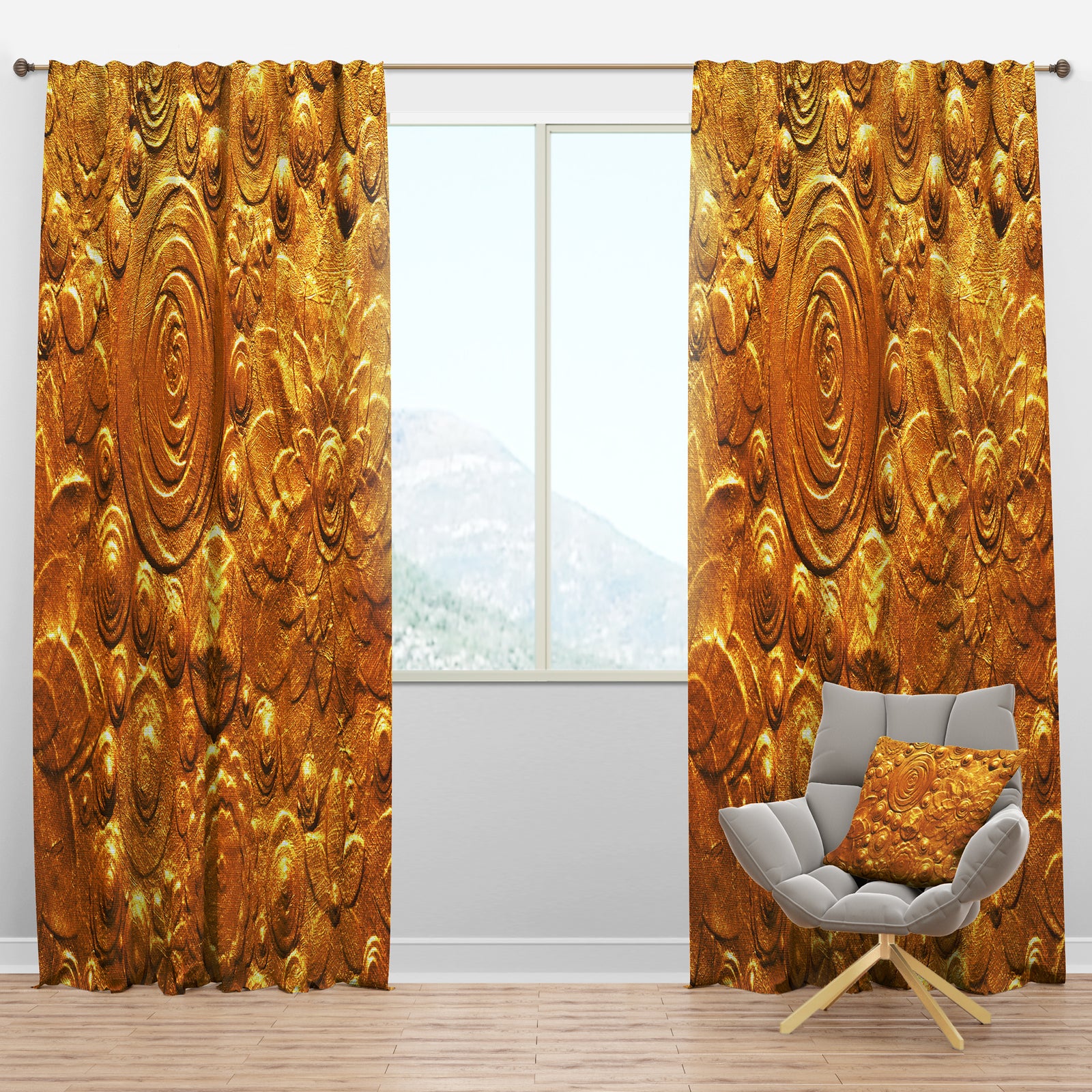 Embossed golden flowers - Floral Curtain Panels