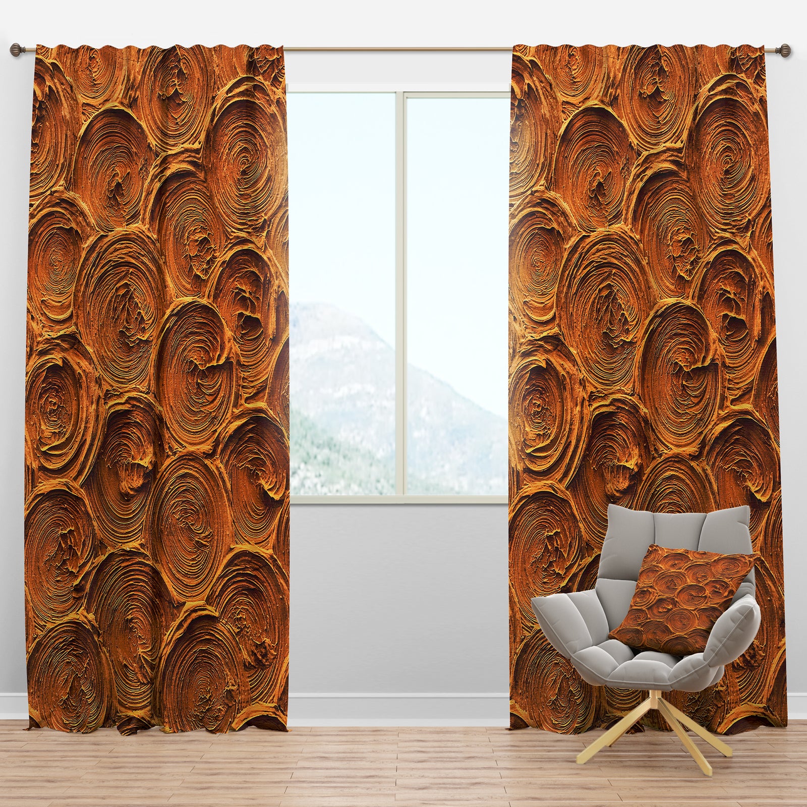Concentric Paint Rings in Earthy Gold Brown - Mid-Century Modern Curtain Panels