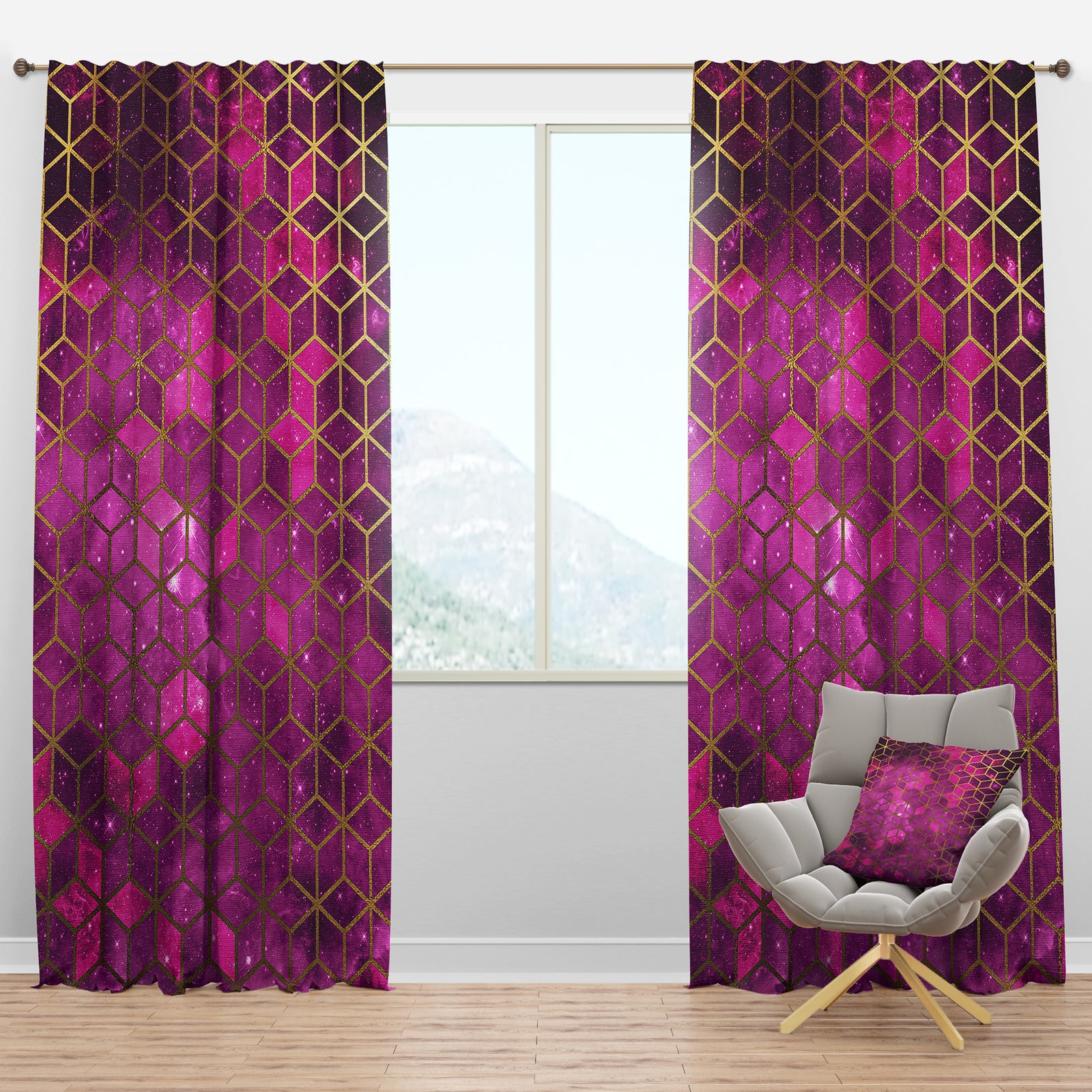 Yellow Cubes over Pink Night Sky - Modern & Contemporary Curtain Panels