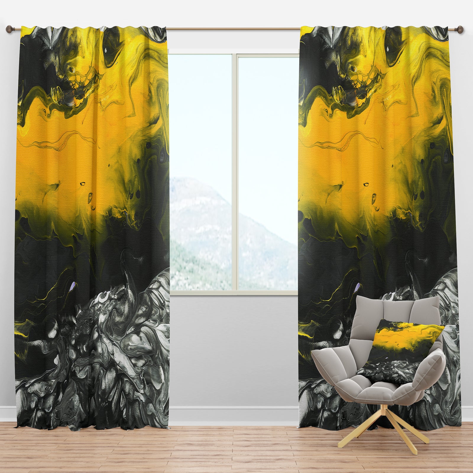 White, Black and Yellow Marbled Acrylic Painting - Modern & Contemporary Curtain Panels