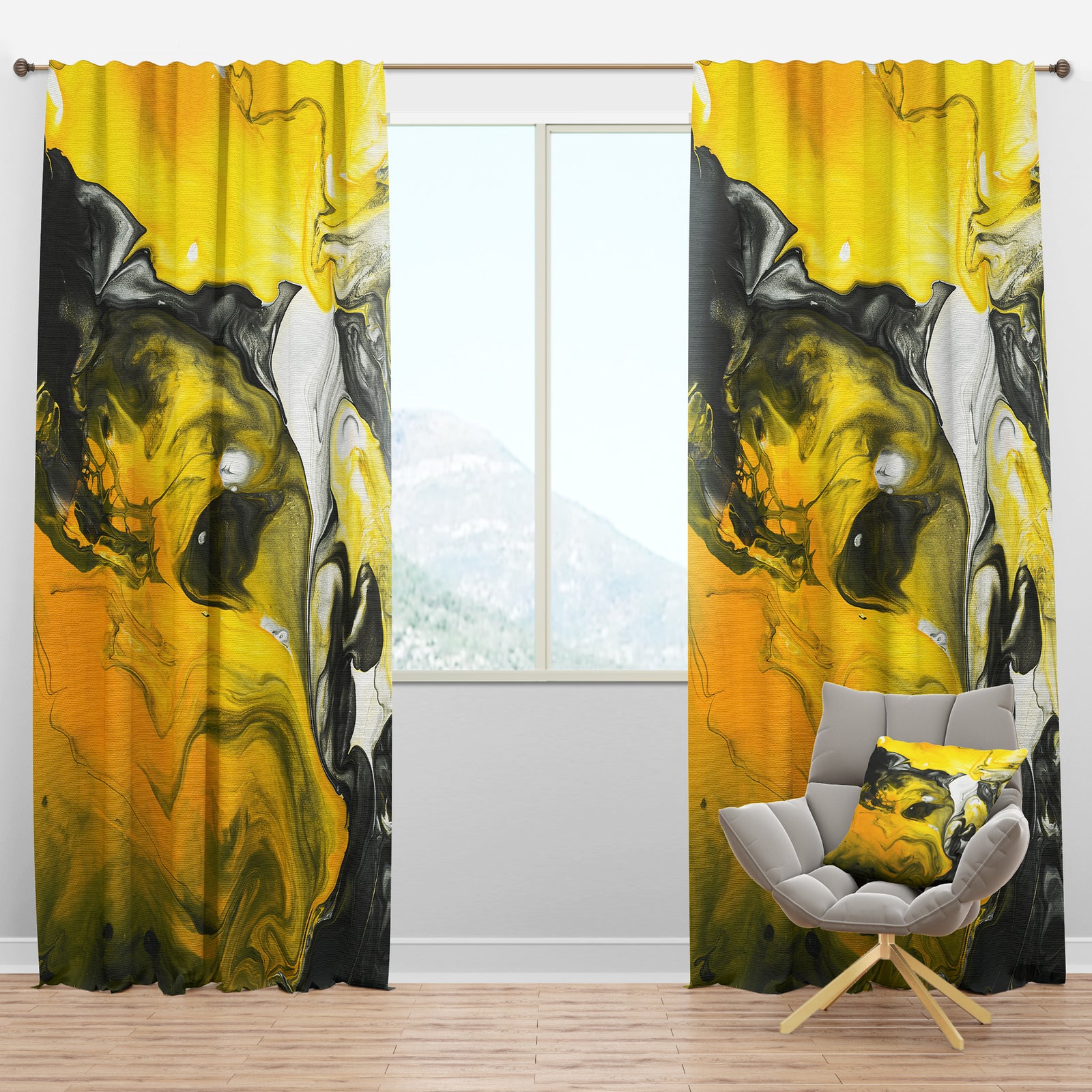 Yellow, White and Black Hand Painted Marbled Acrylic - Modern & Contemporary Curtain Panels