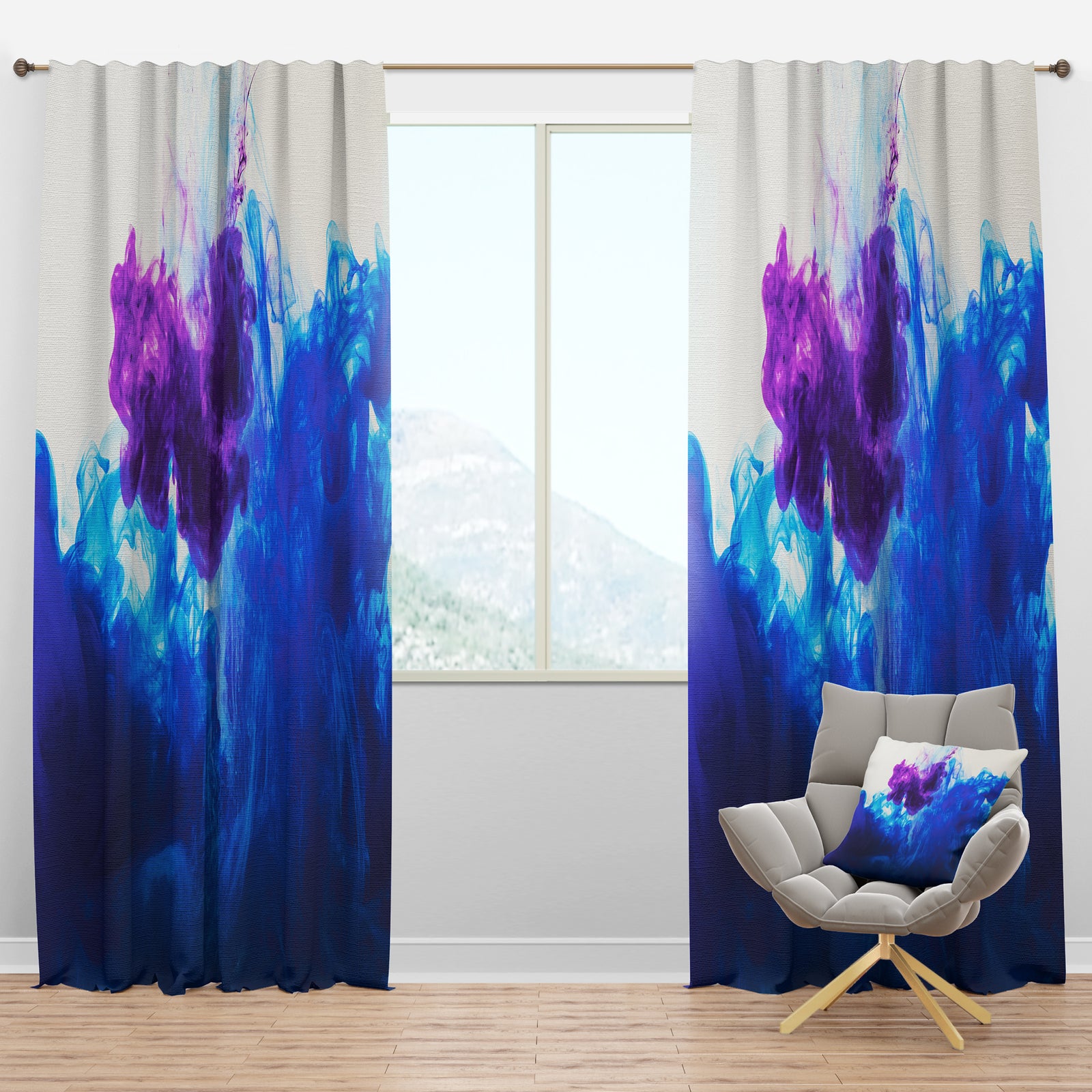 Blue and Purple Ink Composition - Mid-Century Modern Curtain Panels