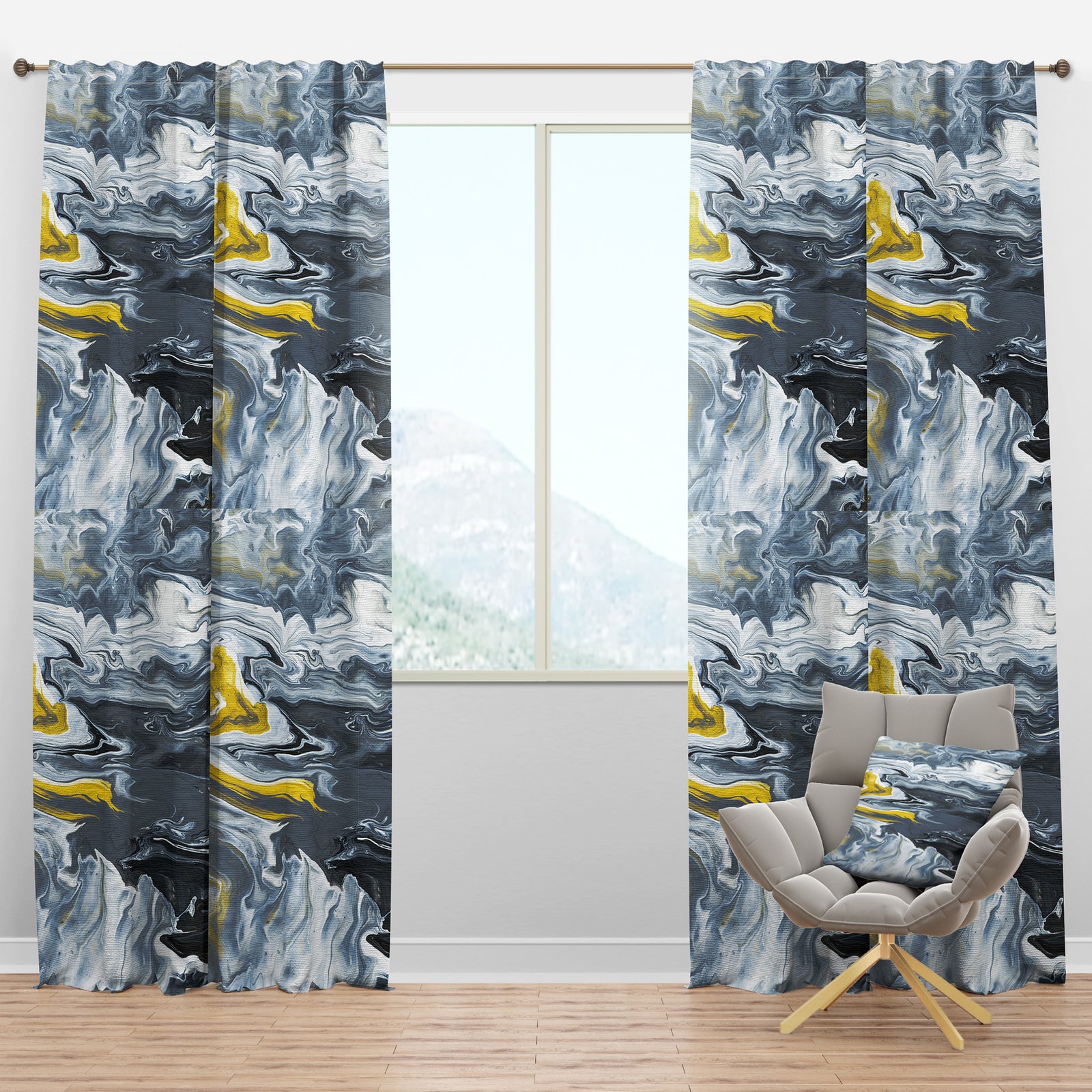 Yellow, grey and White Hand Painted Marble Acrylic - Mid-Century Modern Curtain Panels