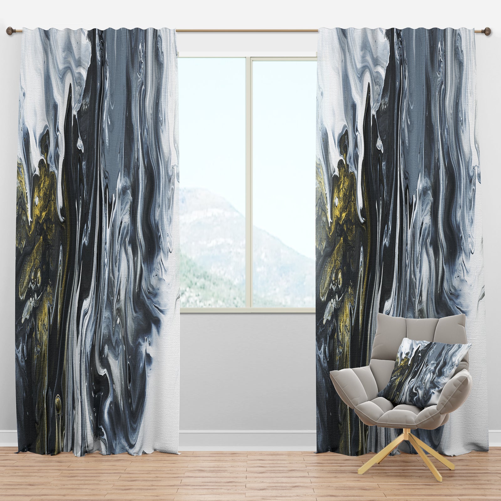 White, grey and White Hand Painted Marble Acrylic - Mid-Century Modern Curtain Panels