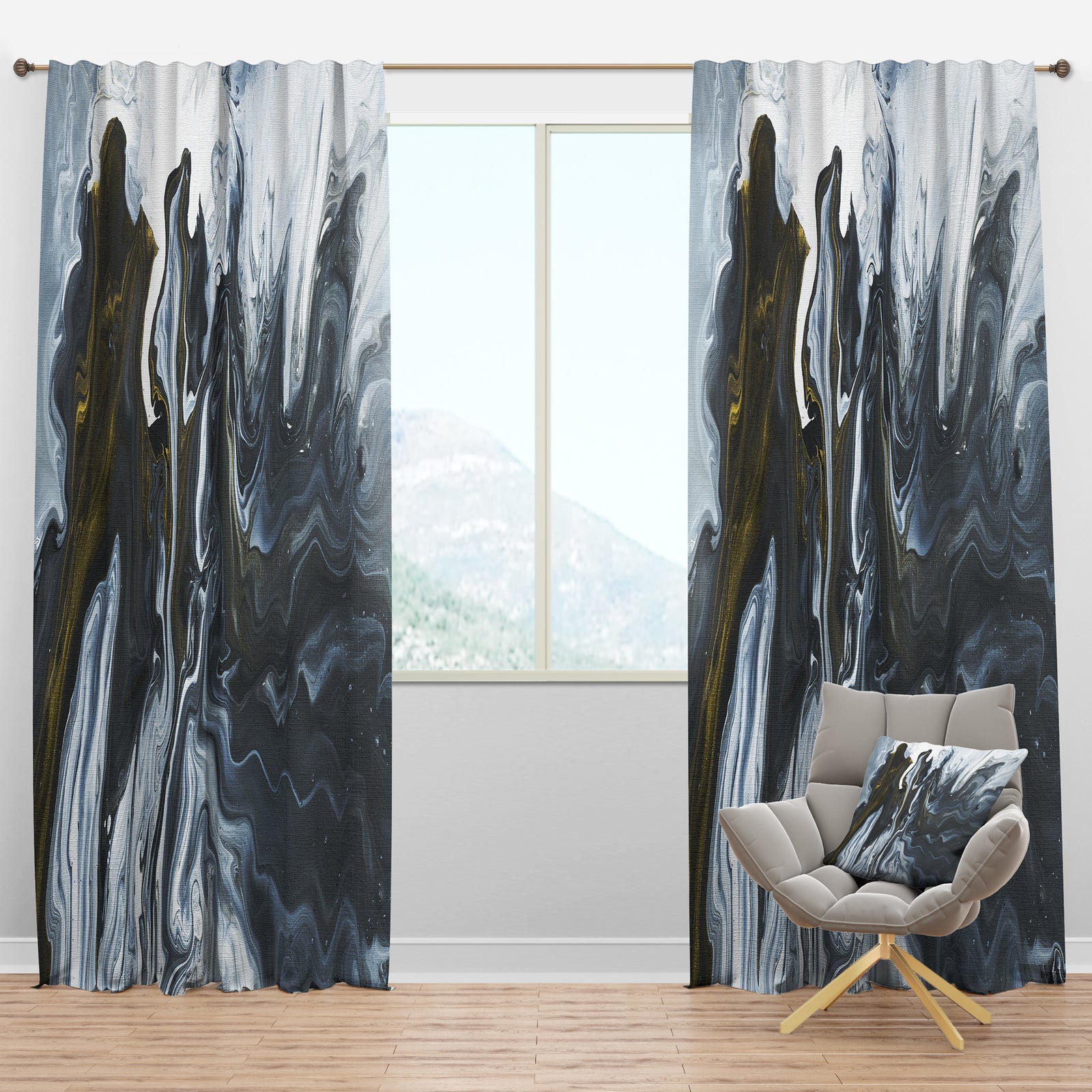 Grey, Yellow and White Hand Painted Marble Acrylic - Mid-Century Modern Curtain Panels