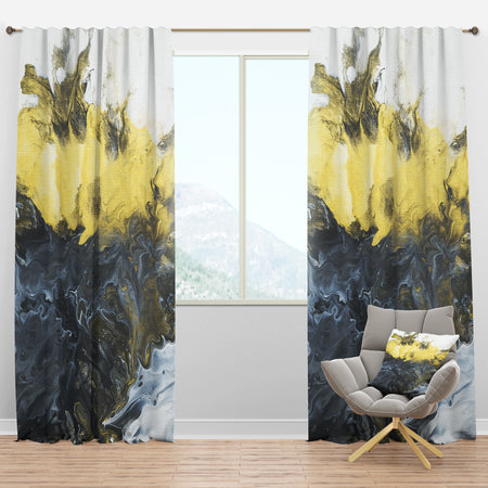 Grey, Yellow and White Hand Painted Marble Composition - Mid-Century Modern Curtain Panels