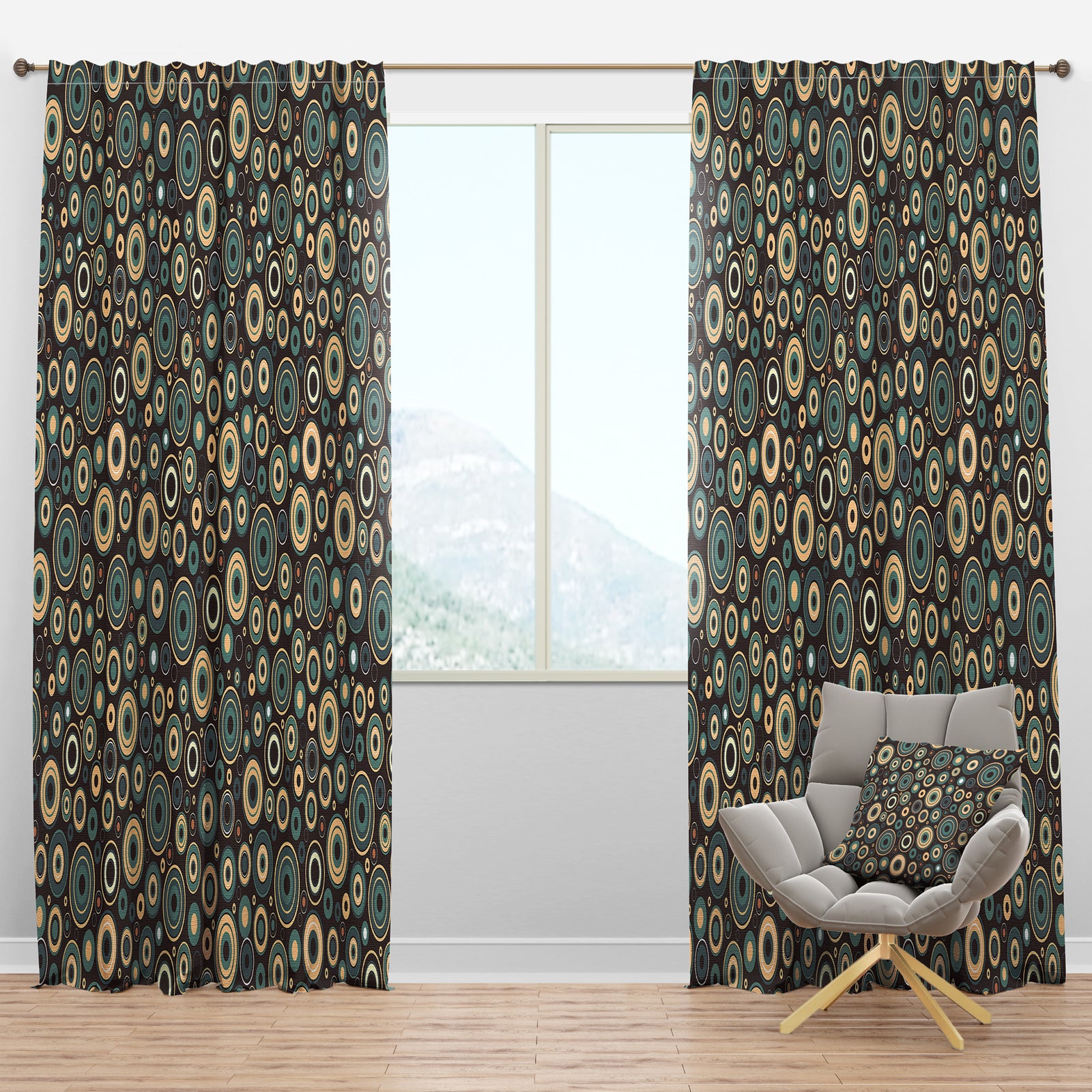 Brown and blue retro circular - Mid-Century Modern Curtain Panels