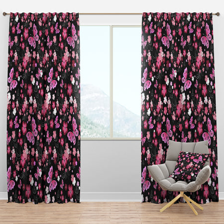 Pink Stylized Flowers And Butterflies - Floral Curtain Panels