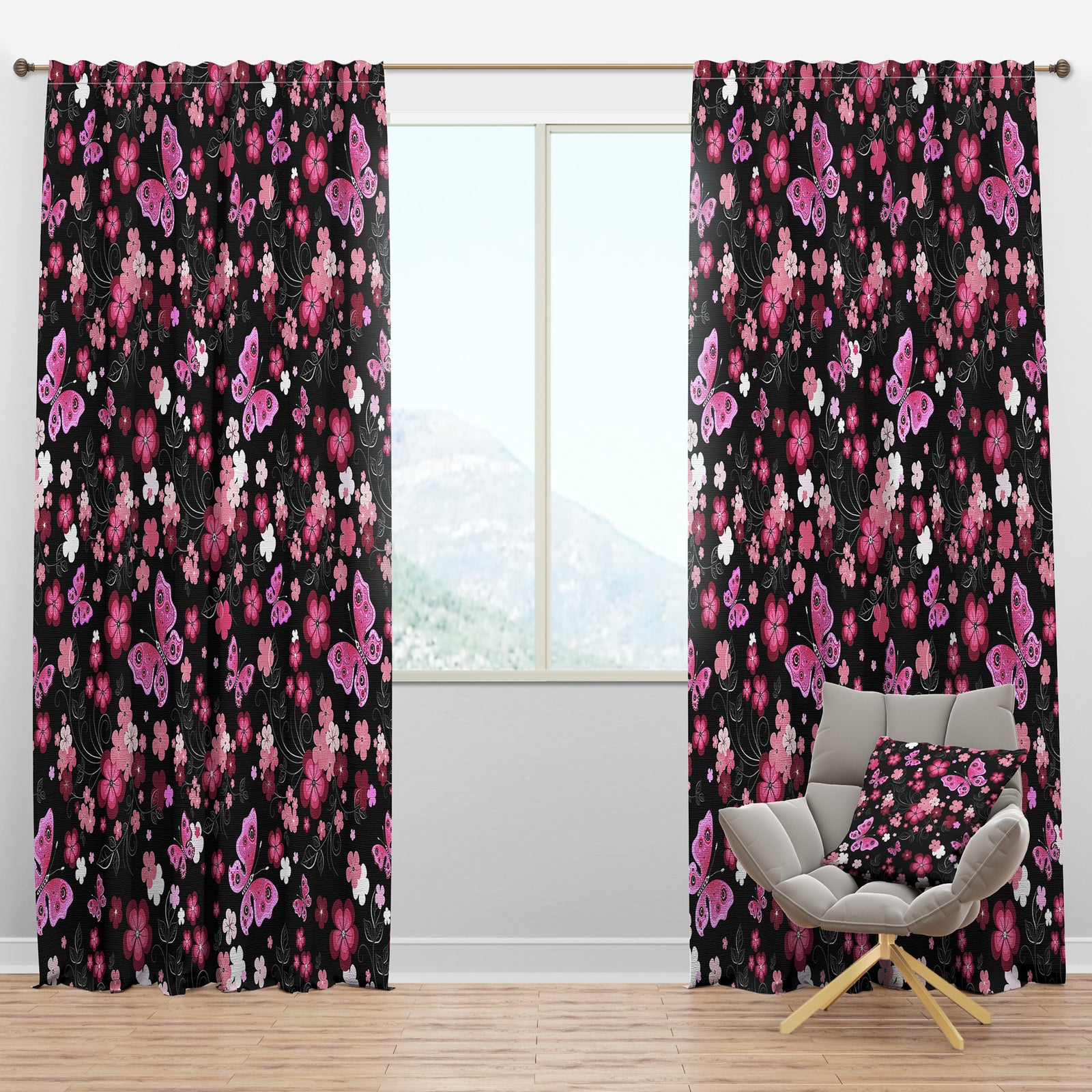 Pink Stylized Flowers And Butterflies - Floral Curtain Panels