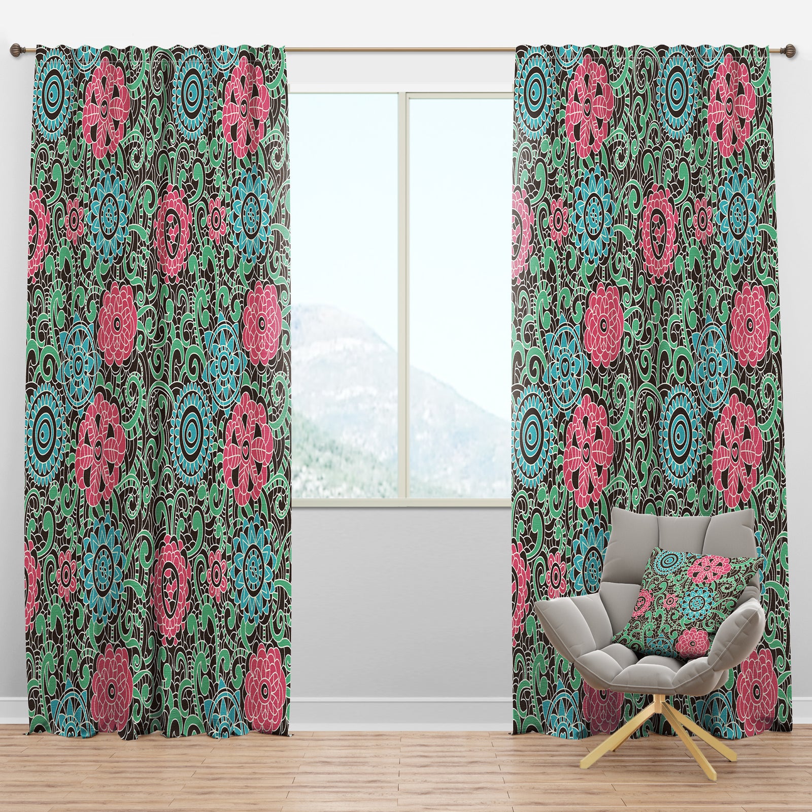 Vintage Pink And Blue Flowers - Floral Curtain Panels