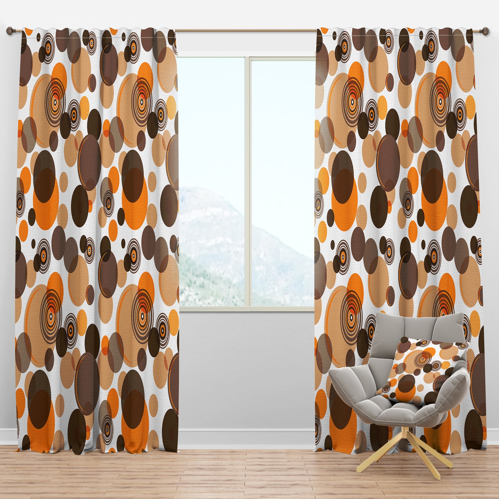 Orange and brown retro circles - Mid-Century Modern Curtain Panels