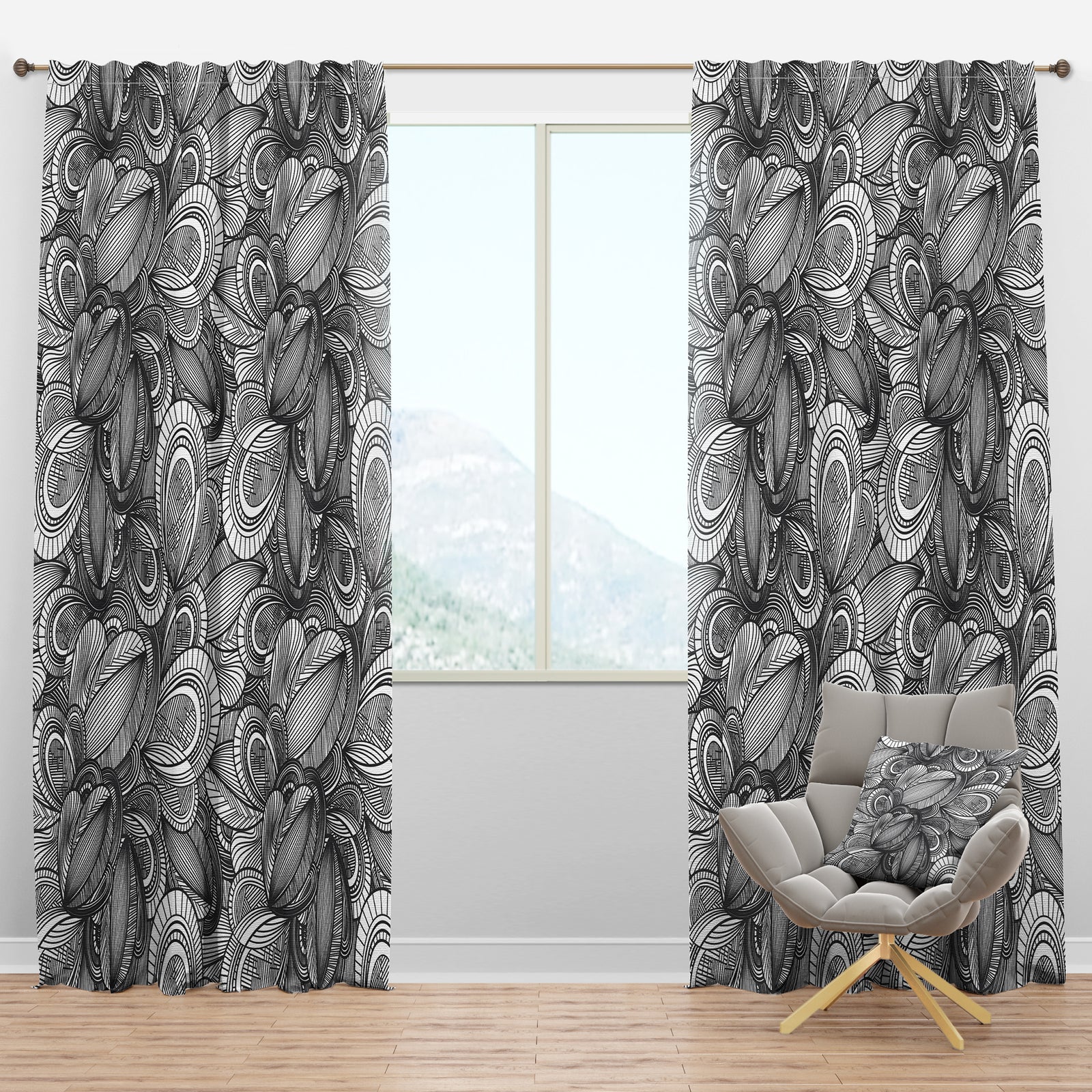Geometric Leaves in Black and White - Traditional Curtain Panels