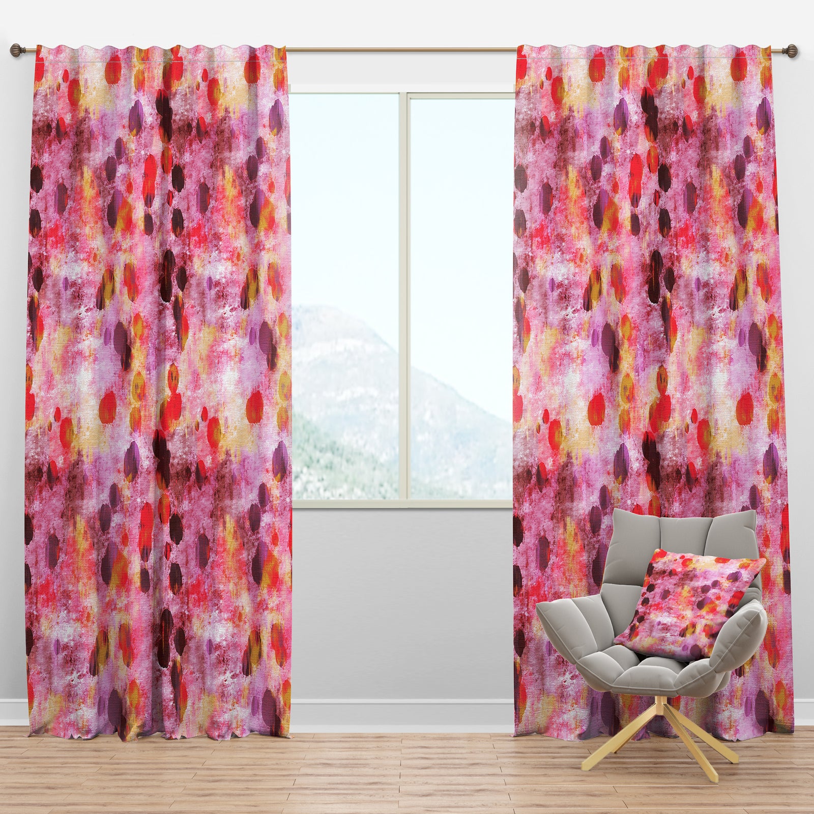 Grungy Purple and Yellow Painting with Burgundy Circles - Modern & Contemporary Curtain Panels