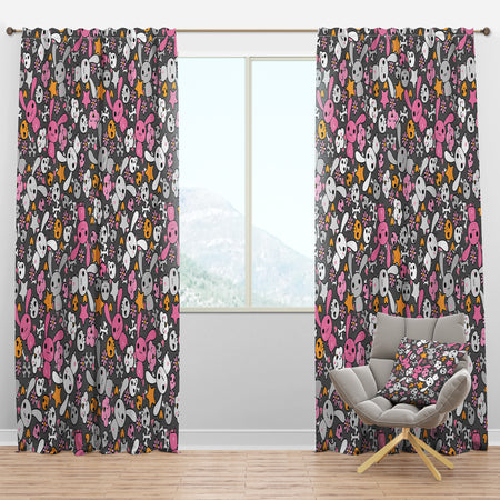 Little Rabbit Kawaii with Pink Flowers - Floral Curtain Panels