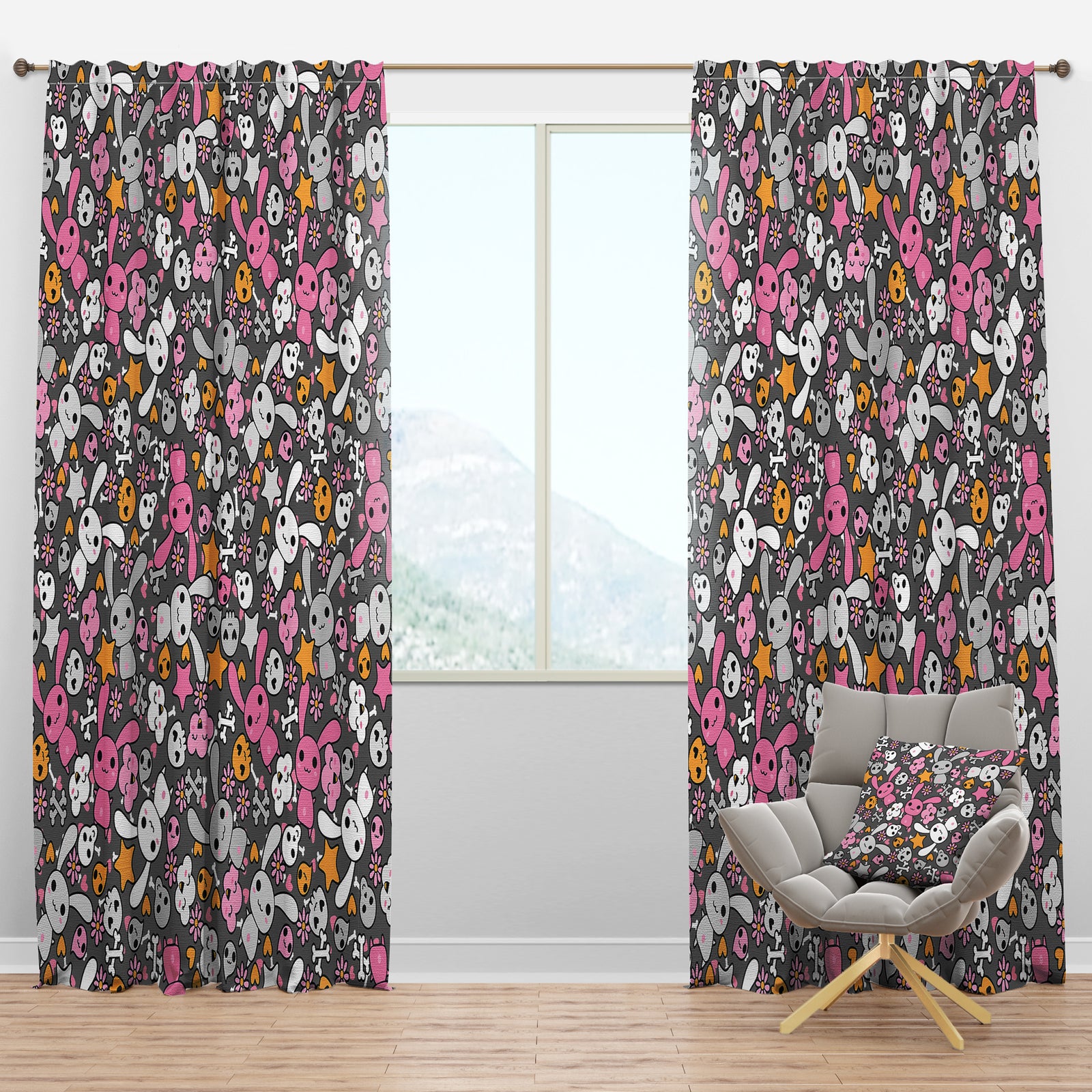 Little Rabbit Kawaii with Pink Flowers - Floral Curtain Panels