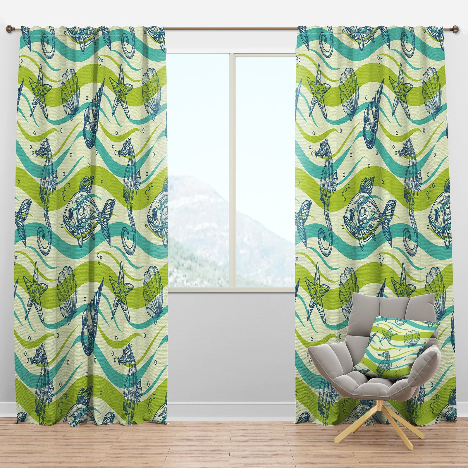 Underwater Sea life, sea horse and star fish - Coastal Curtain Panels