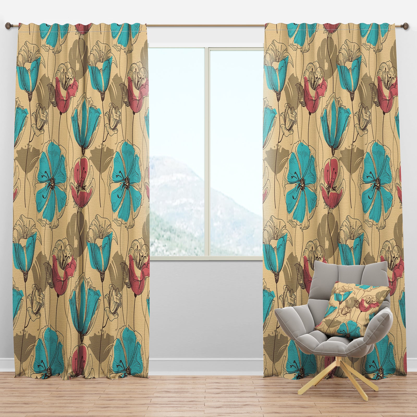Retro Drawing Flowers in Pink and Blue - Floral Curtain Panels