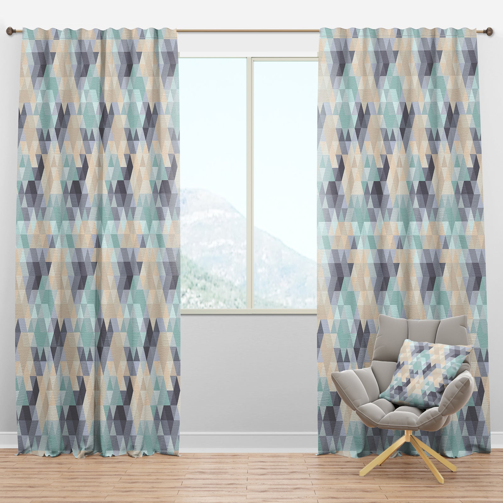 Blue and Beige Triangular Geometry - Modern & Contemporary Curtain Panels