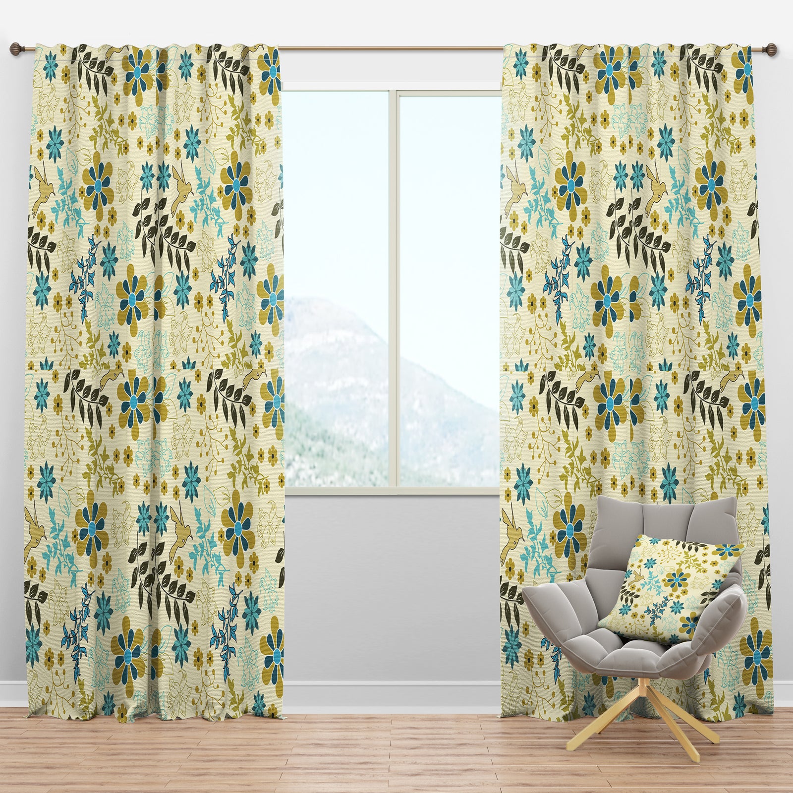 Hand Drawn Flowers and Hummingbird - Floral Curtain Panels