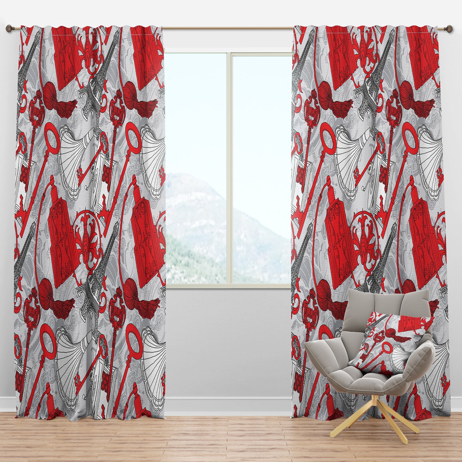 Drawing of Paris with Red Keys - Cityscapes Curtain Panels