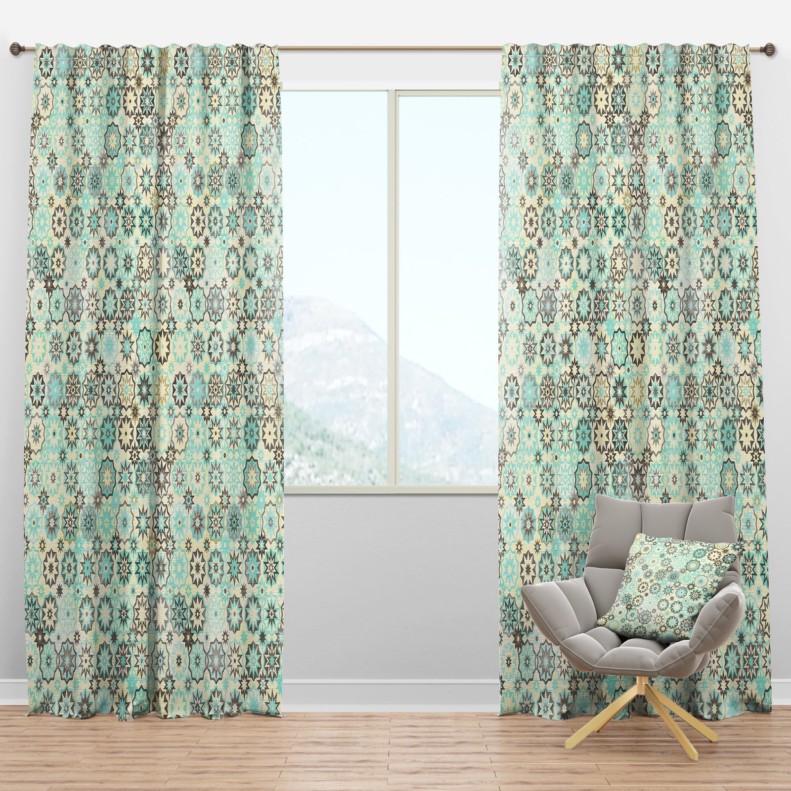 Vintage Snowflakes in Turquoise and Yellow - Mid-Century Modern Curtain Panels