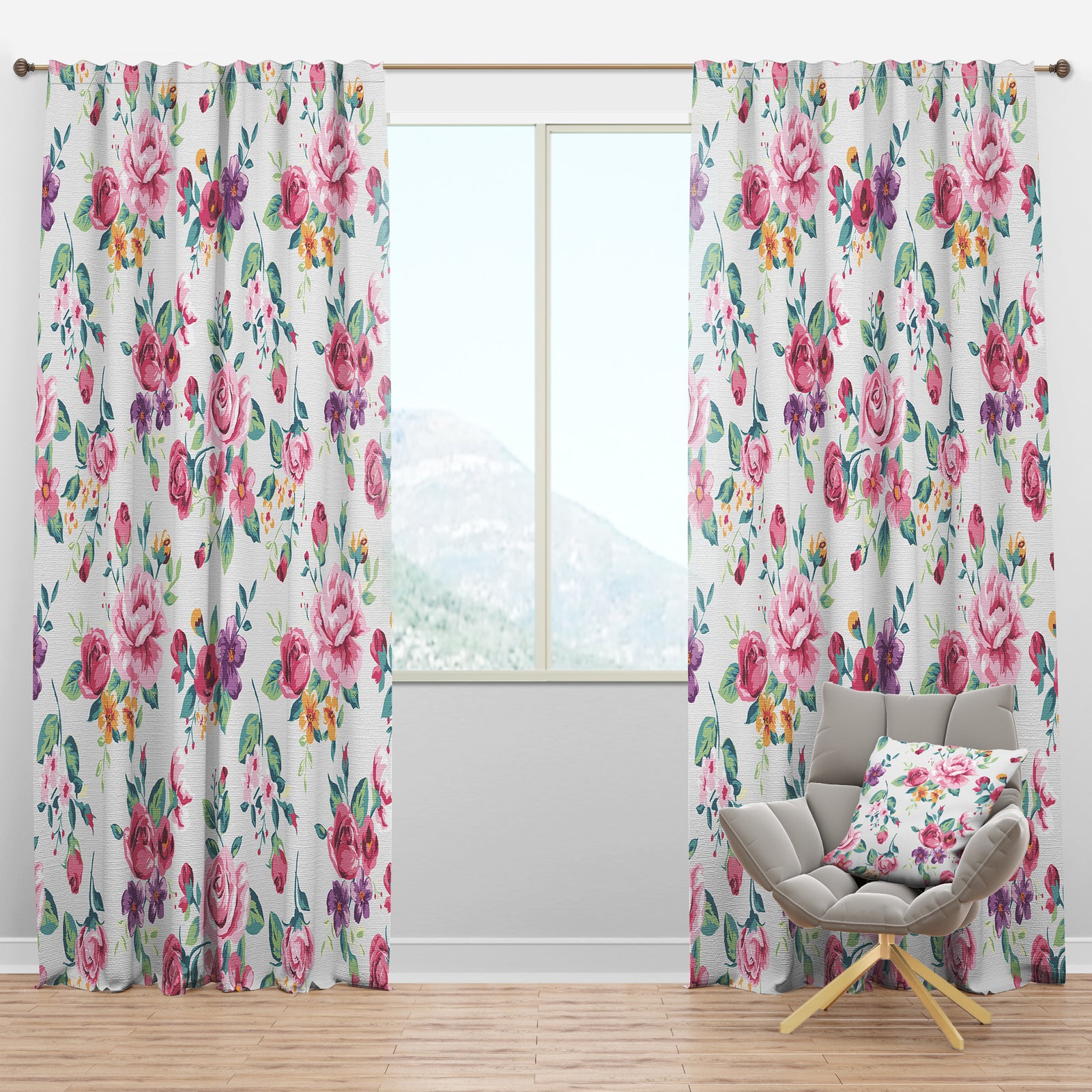 Pink , Purple and Yellow Flowrs - Floral Curtain Panels