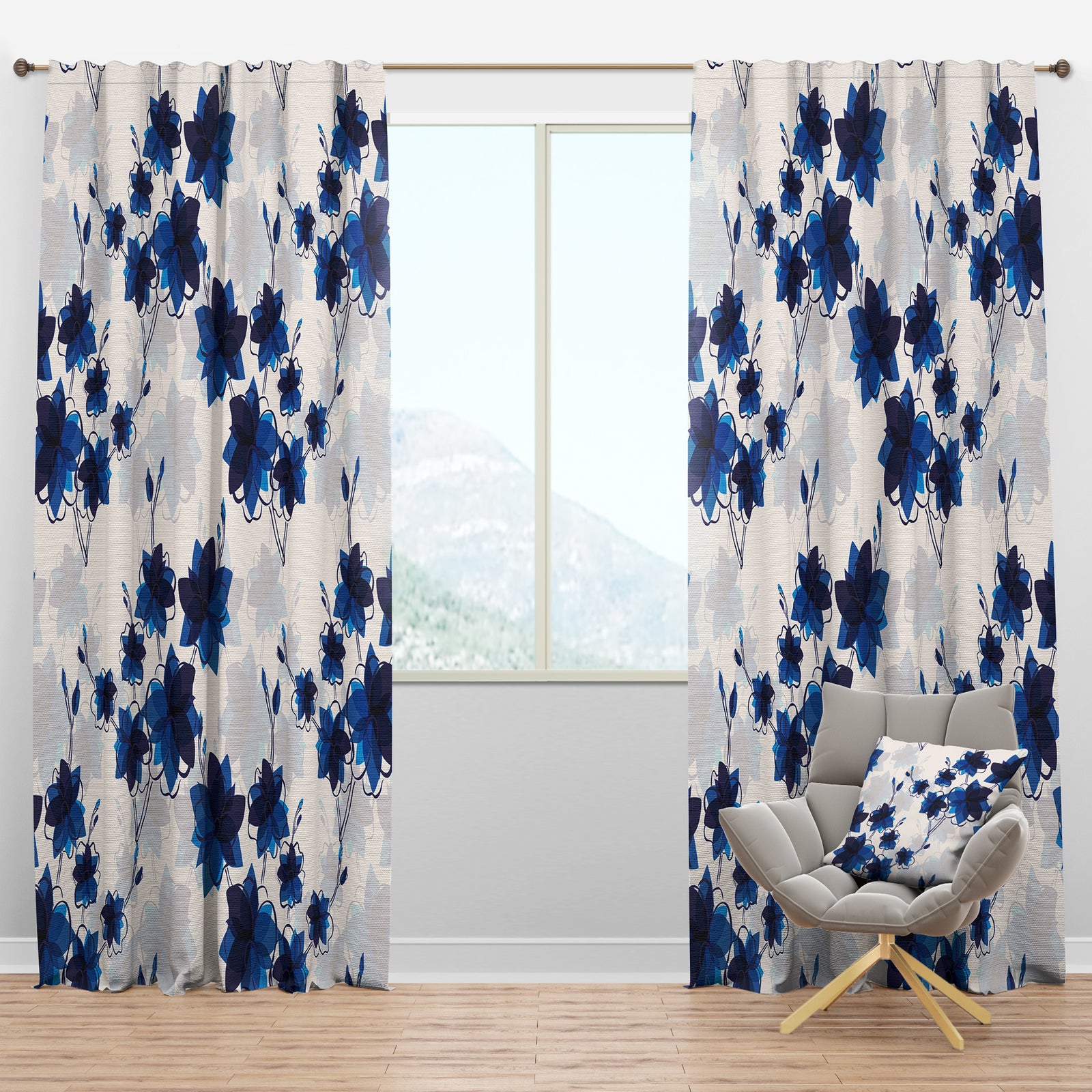 Abstract Blue Flowers - Floral Curtain Panels