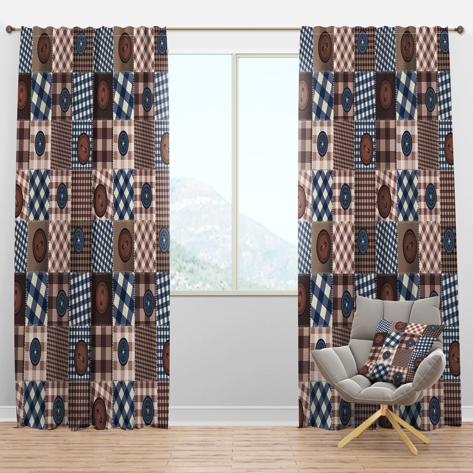 Buttons on Squared Patchwork - Traditional Curtain Panels