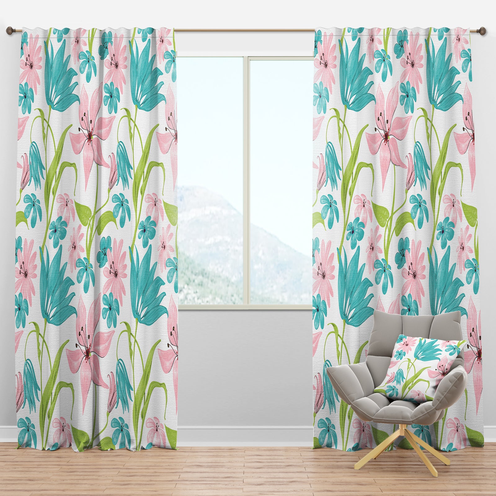 Pink and Blue Flowers Drawing - Floral Curtain Panels