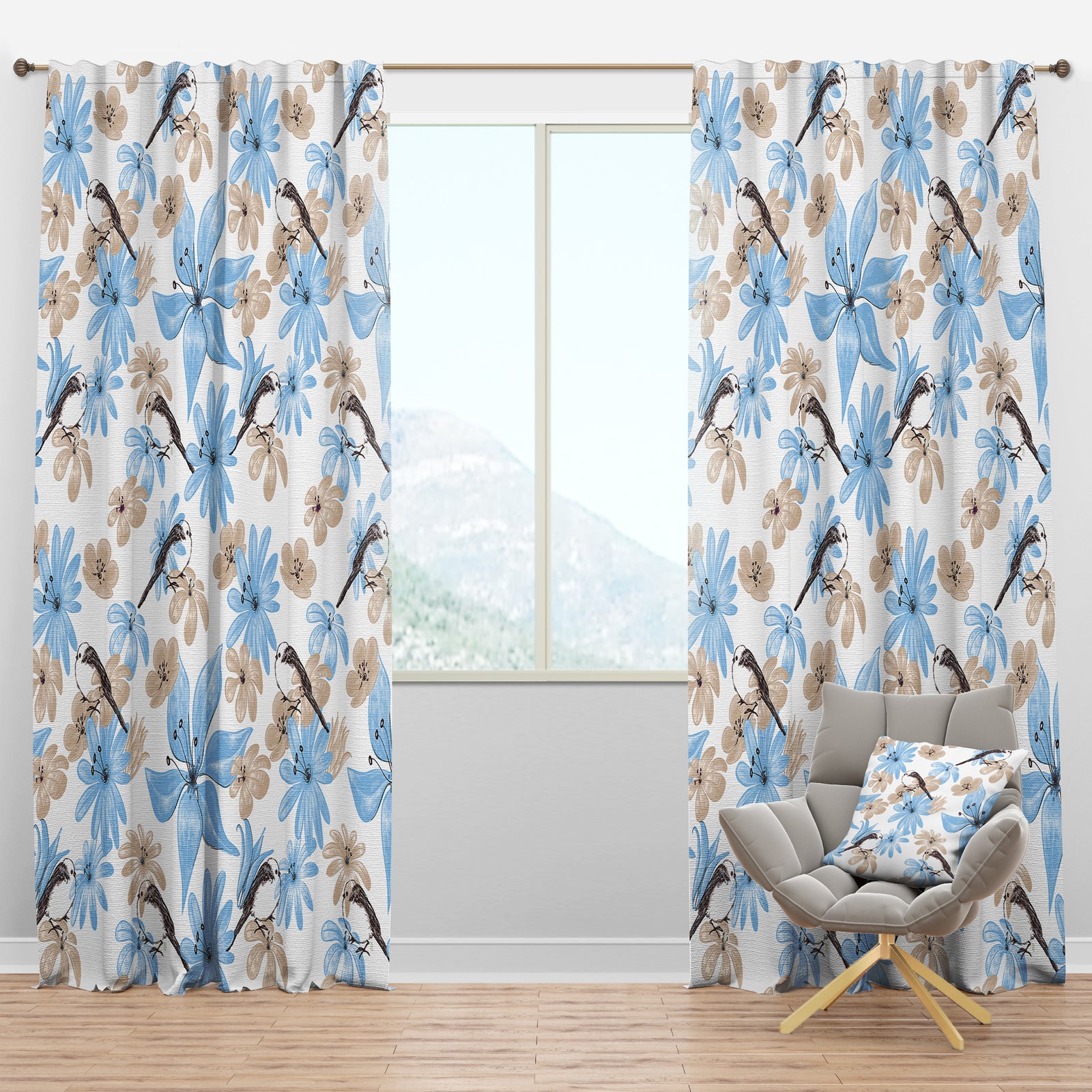 Drawing of Blue Flowers with Little Bird - Floral Curtain Panels