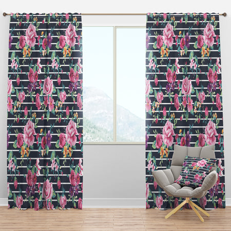 Pink and Purple Flowers on Striped - Abstract Curtain Panels