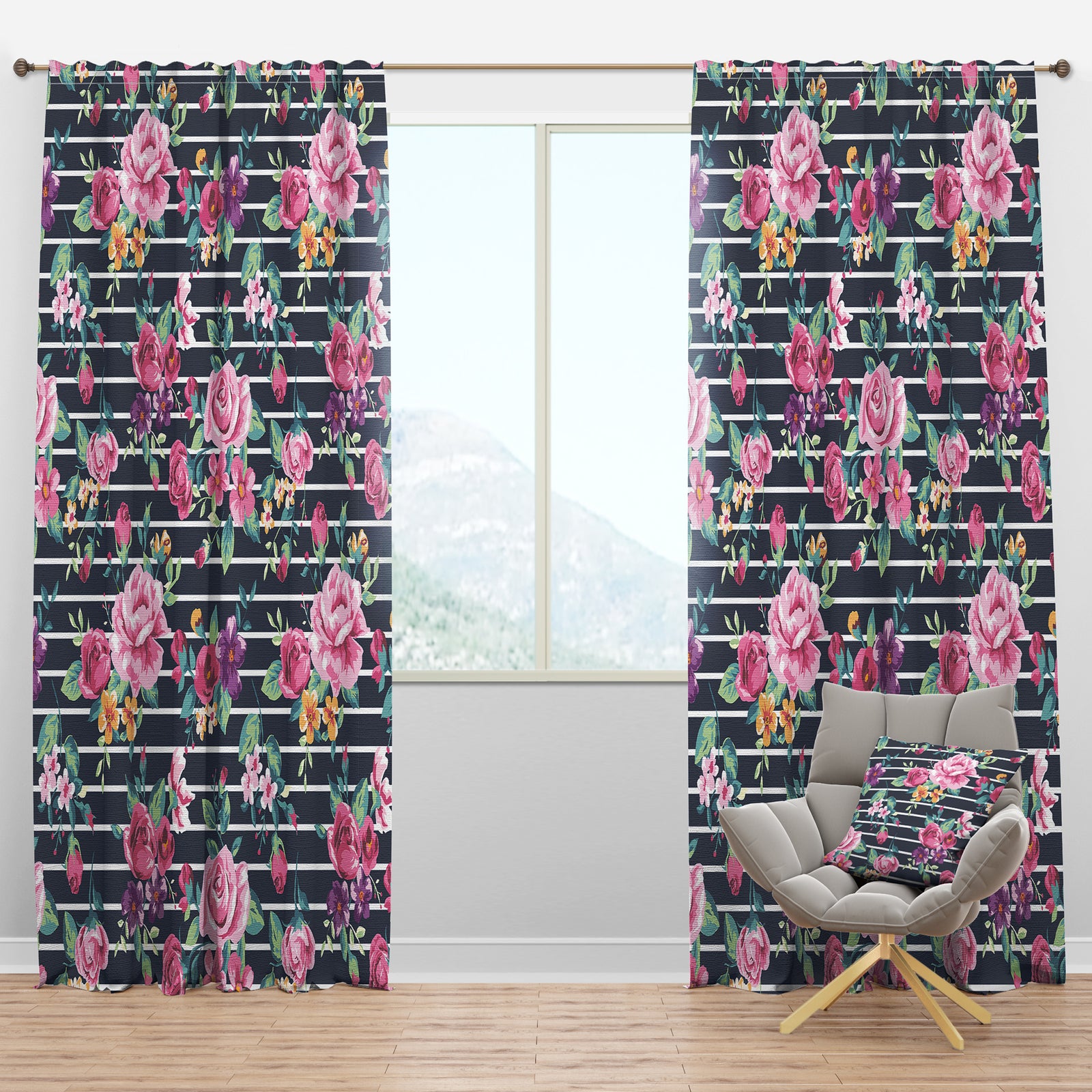 Pink and Purple Flowers on Striped - Abstract Curtain Panels