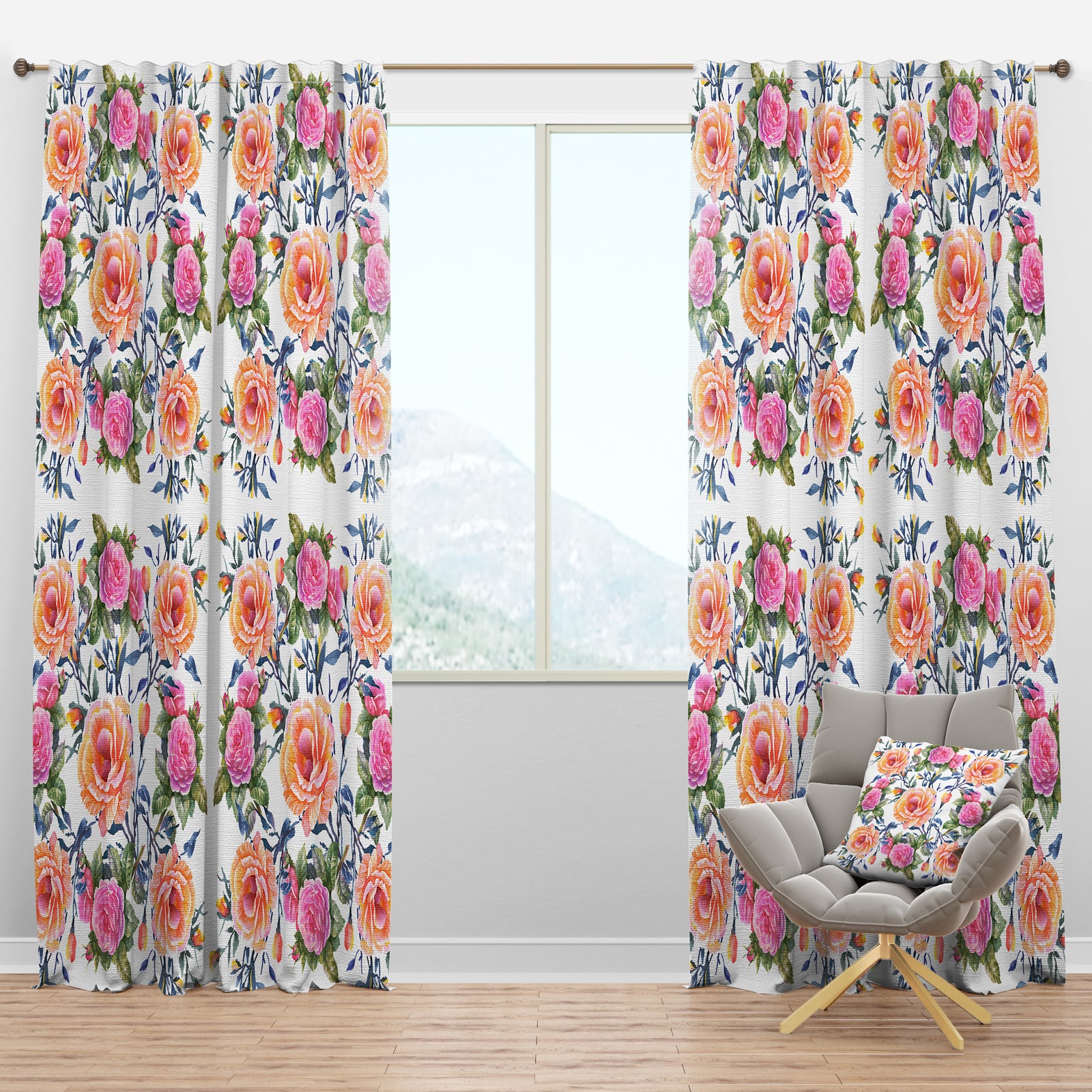 Pink, Purple and Yellow Flowers - Floral Curtain Panels