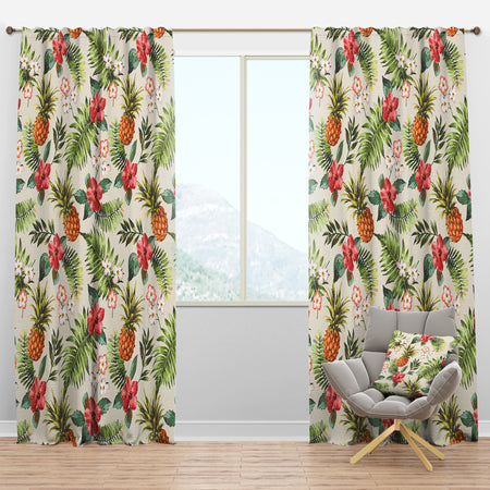Vintage Pineapple with Tropical Flowers - Floral Curtain Panels