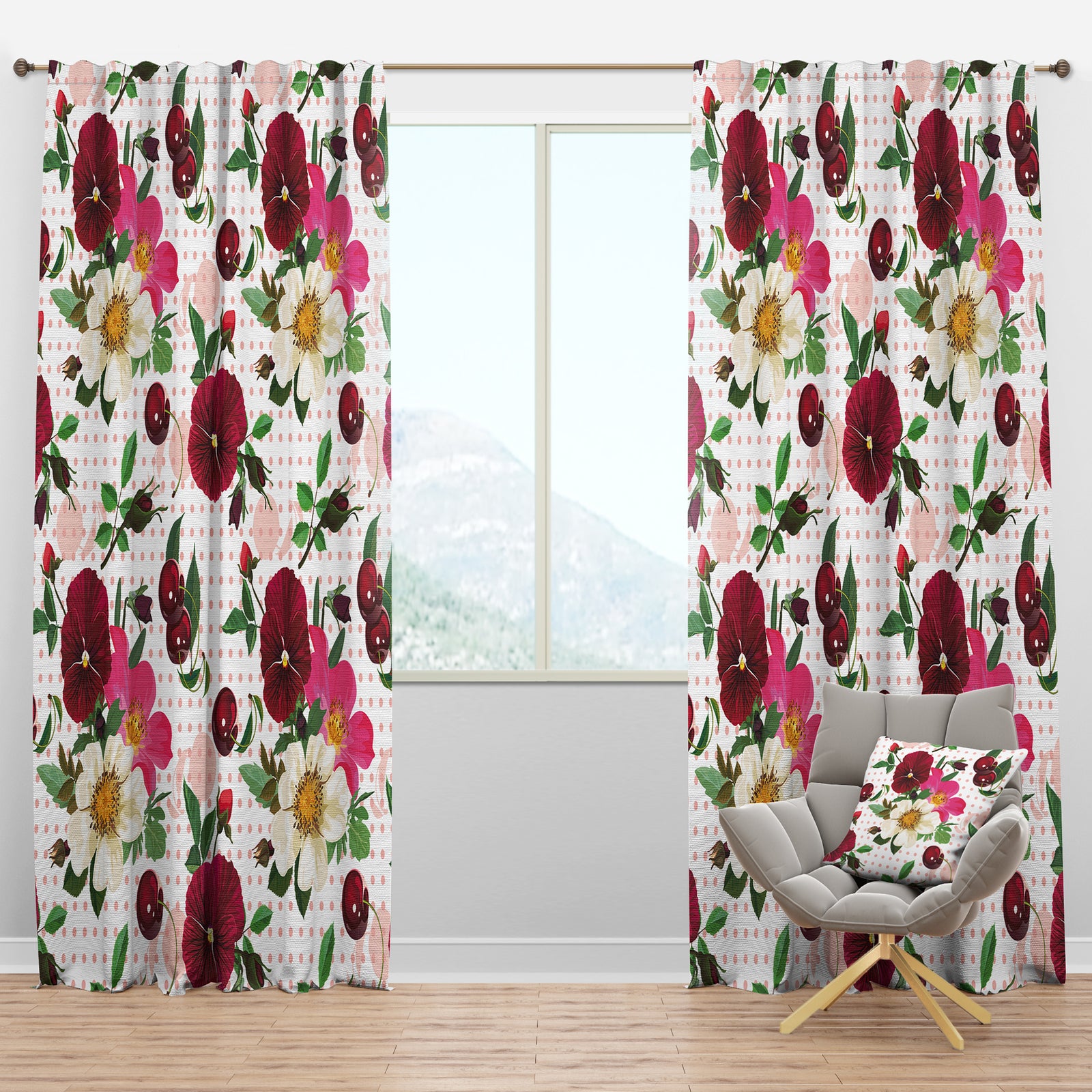 Pansies, Cherries and Roses on Pink Dotted - Abstract Curtain Panels