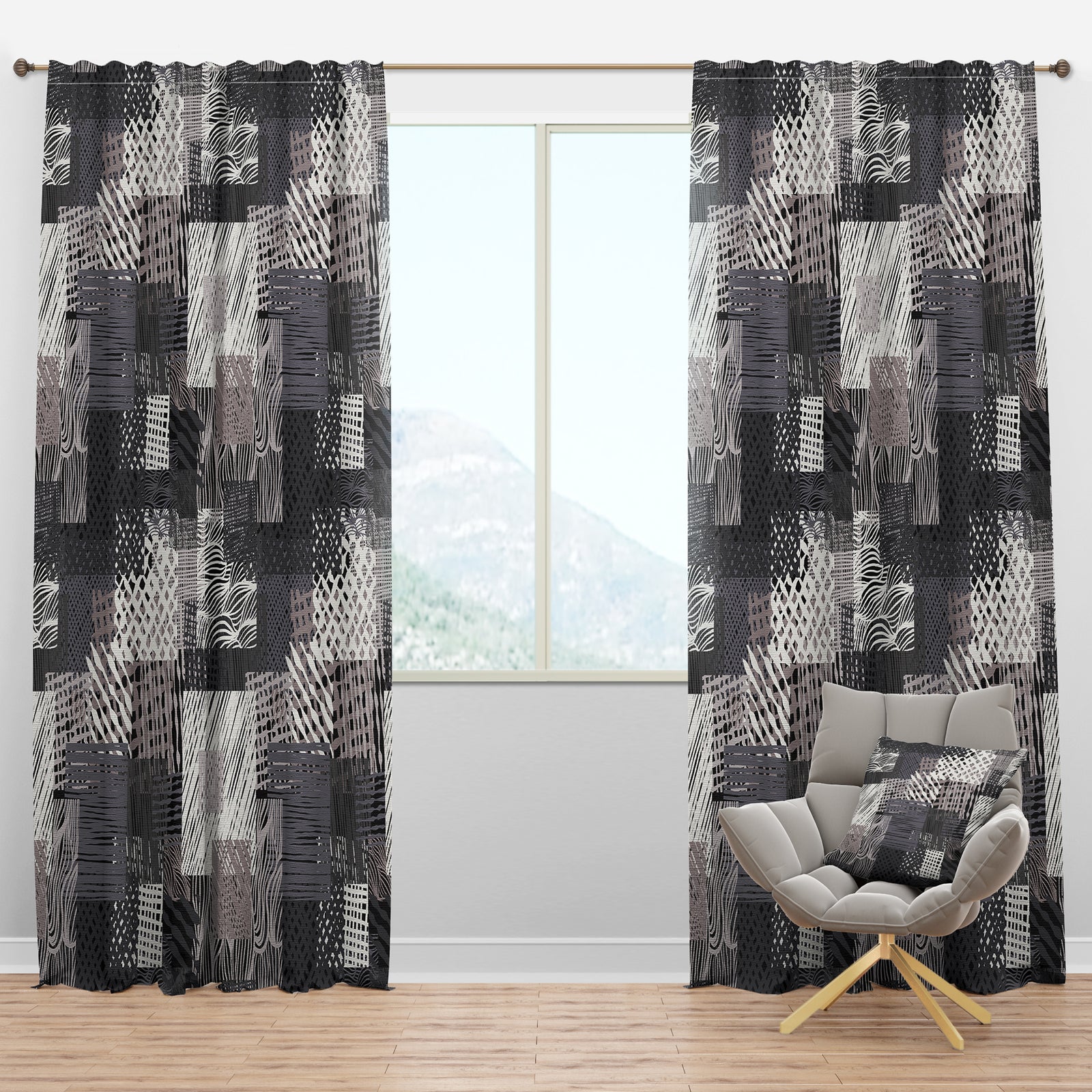 Handdrawn vintage lines in shades of gray - Mid-Century Modern Curtain Panels