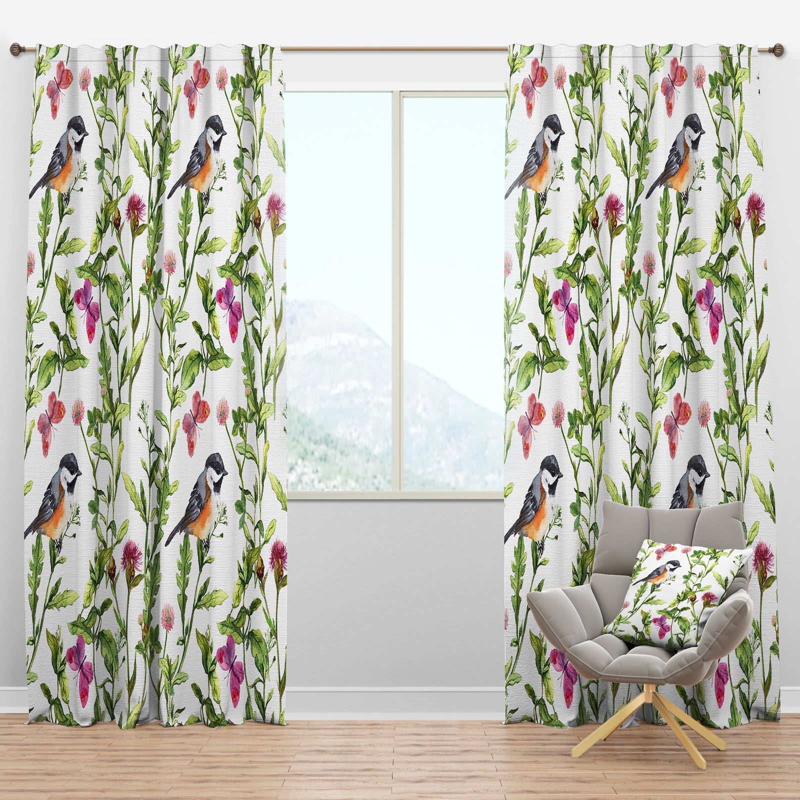 Meadow with Butterflies, Birds and Herbs - Floral Curtain Panels