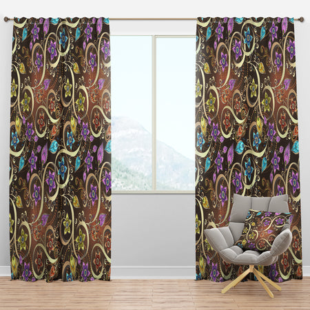 Ornamented Colored Pattern with Flowers and Paisley - Floral Curtain Panels