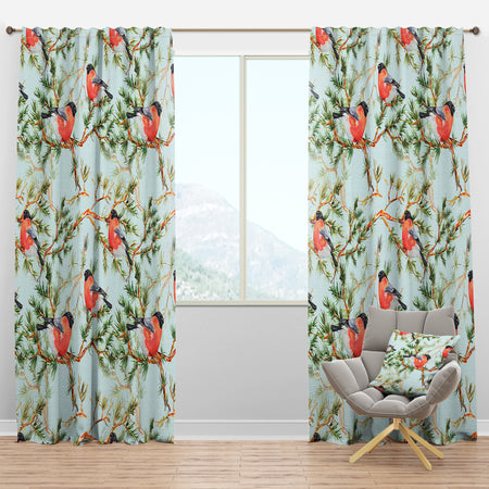 Little Bird with Red Chest on Pine Branch - Traditional Curtain Panels